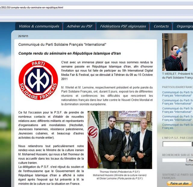 archive du site du Parti Solidaire Français. Compte rendu du séminaire en République Islamique d'iran. Logo du PSF avec francisque. Photo avec le ministre de la culture iranien